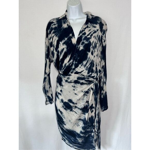 YFB long sleeve navy blue tie dye collared wrap dress boho mini sz small - Picture 2 of 8
